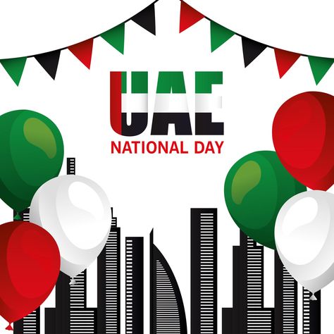 Uae national day with city buildings and balloons vector design Uae National Day, National Day, City Buildings, Photos Ideas, Vector Design, Background Design, Photo Frame, Vector Art, Stock Illustration