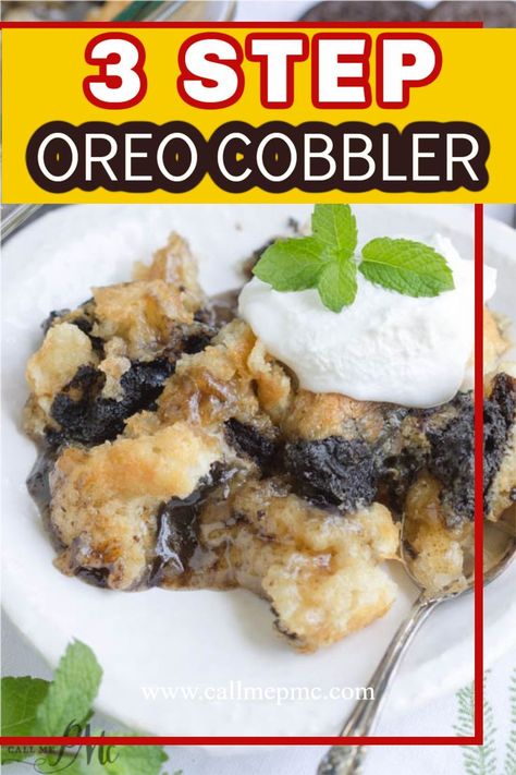 This three-step Oreo cobbler from Call Me PMc is an easy, dump-type dessert with crushed Oreo cookies. This recipe is the perfect quick dessert to whip up for dinner tonight. Try this simple Oreo cobbler recipe today! Oreo Dump Cobbler, Ultimate Oreo Cookie Dump Cobbler, Oreo Cookie Dump Cobbler, Recipes With Crushed Oreos, Oreo Cobbler Recipe, Oreo Cookie Dump Cake, Dump And Go Desserts, Quick Oreo Desserts, Dump Cobbler Recipes