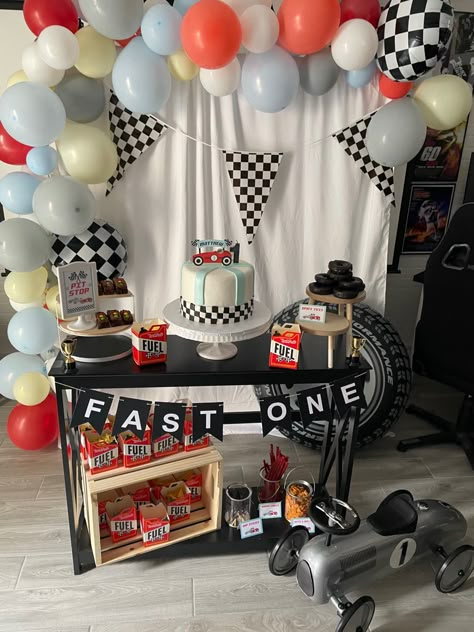 Old Car Birthday Party, 1st Race Car Birthday Parties, Fast One 1st Birthday Party Theme, Vintage Two Fast Birthday, One Year Old Car Theme Party, Car Themed Birthday Party For One Year Old, Race Car Themed First Birthday Party, One Year Old Car Birthday Party, First Birthday Cars Theme