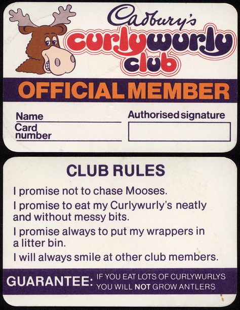 UK – Cadbury’s Curly Wurly Club Kit – Membership Card – 1982 Membership Card Design Ideas, Membership Card Design, Club Membership Card, Back In 1978, Loyalty Card Design, Card Design Ideas, Qsl Cards, Empty Notebook, Voynich Manuscript