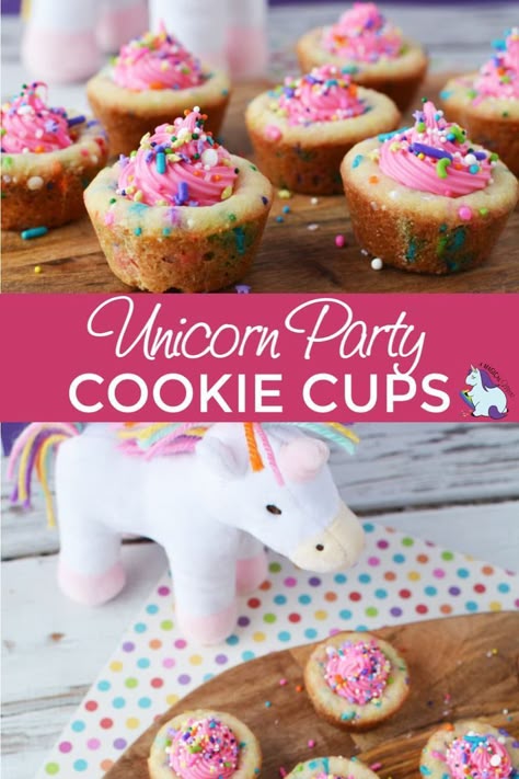 Unicorn Recipes, Cookie Cups Recipe, Unicorn Desserts, Kid Foods, Baking Treats, Fantasy Party, Pink Cookies, Colorful Desserts, Pink Food