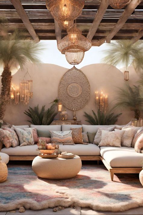 Bohemian Backyard Decor, Moroccan Outdoor Patio, Moroccan Patio Ideas, Boho Terrace, Patio Wall Decor Outdoor, Outdoor Lounge Ideas, Afrohemian Style, Bohemian Outdoor Spaces, Moroccan Patio