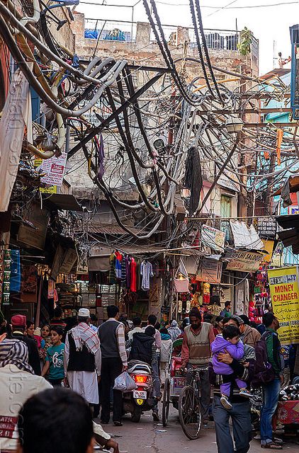 Power Lines and Wiring in Street Delhi Market, India Street, Delhi Travel, City Life Photography, Urban People, Bangkok Travel, India People, Dark Art Drawings, South Asia