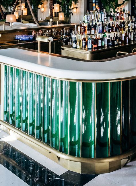 Lava stone bar counter, fluted files & tabletops at The Four Seasons Surf Club Miami #ranierilavastone #glazedtiles #lavastone #green #glossy #luxuryfurniture #hospitality #3Dtiles #flutedtiles Four Seasons Surf Club, Bar Tile, Bar Counter Design, Decoration Restaurant, Art Deco Bar, Bar Interior Design, Stone Bar, Luxury Bar, Surf Club