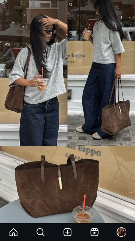 Brown Tote Bag Outfit, Beige Loafers Outfit Women, Beige Loafers Outfit, Suede Bag Outfit, Loafers Outfit Women, Tote Bag Outfit, Beige Loafers, Collage Outfits, Loafers Outfit