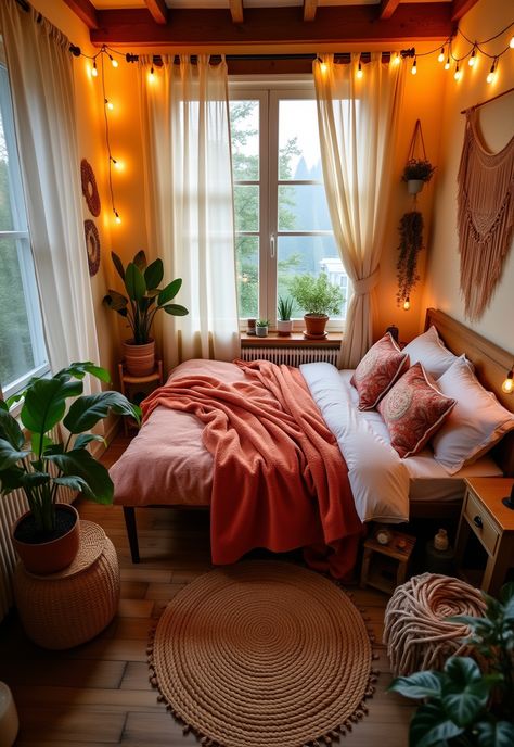 Boho Bedroom with Curtain Lights Twinkle Lights In Bedroom, Bedroom Curtain Lights, Aesthetic Curtains, Velvet Curtains Bedroom, Calming Bedroom Colors, Bedroom Vibes, Bedroom Curtain, Calming Bedroom, Boho Elements