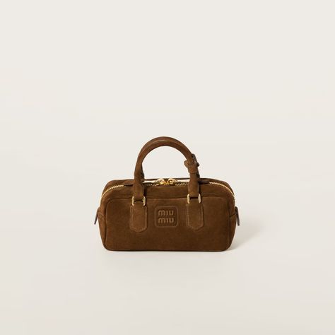 Cocoa Brown Arcadie Padded Suede Top-handle Bag | Miu Miu Miu Miu Brown Bag, Miu Miu Purse, Iconic Aesthetic, Miu Miu Handbags, Metal Lettering, Suede Top, Miu Miu Wallet, Miu Miu Bag, Suede Bag