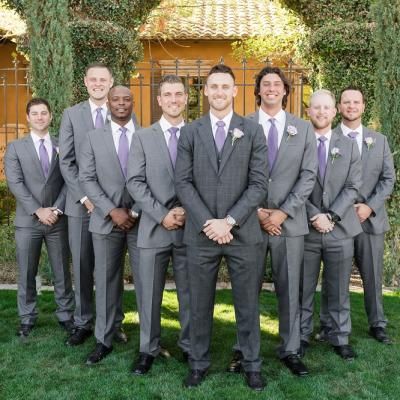 Groom and groomsmen in grey tuxedos and light purple ties | Leslie Ann Photography | villasiena.cc Light Purple Wedding, Suits And Ties, Gray Groomsmen Suits, Groomsmen Wedding Photos, Lavender Wedding Theme, Gray Wedding Colors, Groomsmen Grey, Grey Suit Wedding, Groomsmen Outfits