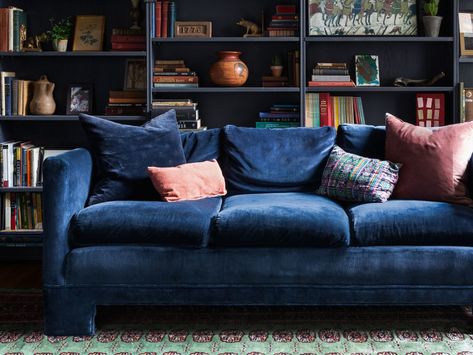 Navy Sofa Living Room, Good Living Room Colors, Latest Sofa Designs, Popular Living Room, Best Living Room, Living Room Trends, London Flat, Lounge Design, Sofa Colors