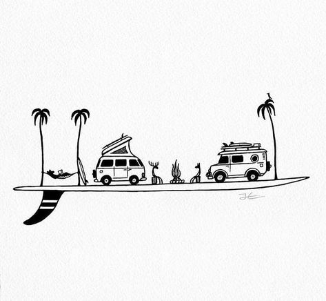 Van Life Tattoo, Surfing Tattoos, The Beach Drawing, New Zealand Campervan, New Zealand Mountains, Sushi Logo, Beach Drawing, Have An Awesome Day, Simple Drawings