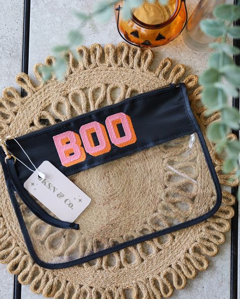 The Perfect way to carry all of your essentials during Spooky SZN! 🧡👻🩷 Now available on our website & Etsy! #halloween #spookyseason #spookyszn #fallessentials #smallbiz #shopsmall #october Clear Zipper Pouch, Block Fonts, Block Font, Halloween Bags, Fall Essentials, Embroidered Bag, Fall Accessories, Purse Pouch, Threading