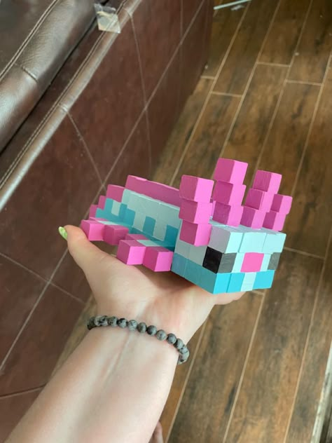 Diy Minecraft Axolotl, Axolotl Minecraft Block Art, Dollar Tree Wooden Blocks, Minecraft Wooden Cube Art, Minecraft Block Art, Minecraft Gift Ideas, Minecraft Handmade, Diy Minecraft Decorations, Minecraft Axolotl