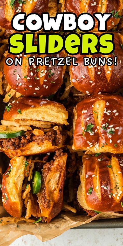 Football Sunday Dinner Ideas, Sweet Game Day Snacks, Football Game Side Dishes, Poker Food Ideas, Pretzel Sandwich Ideas, What To Make With Pretzel Buns, Cowboy Sliders Recipe, Christmas Party Entrees, Mexican Sliders Recipes