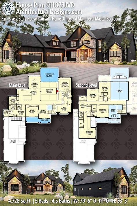 House Plan 911023JVD gives you 4700 square feet of living space with 5 bedrooms and 4.5 baths 5 Bedroom House Floor Plan 2 Story, Five Bedroom House Plans, Open Living Space, Bedroom Large, Sims 4 House Plans, Plans Architecture, Sims House Plans, Small House Design Plans, Easy Living