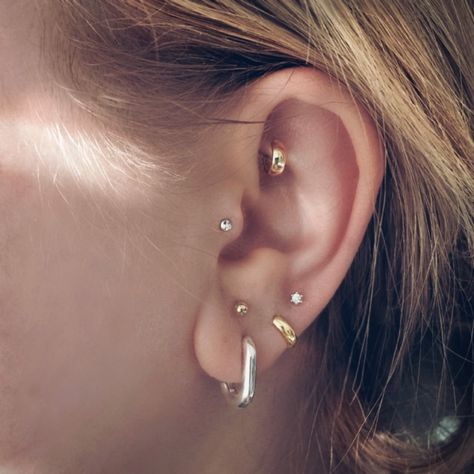 Gold And Silver Earrings Combo, Jewelry Combinations, Earrings Combo, Different Ear Piercings, Piercing Tragus, Gold And Silver Jewelry, Tragus Piercing, Lobe Piercing, Tragus Piercings