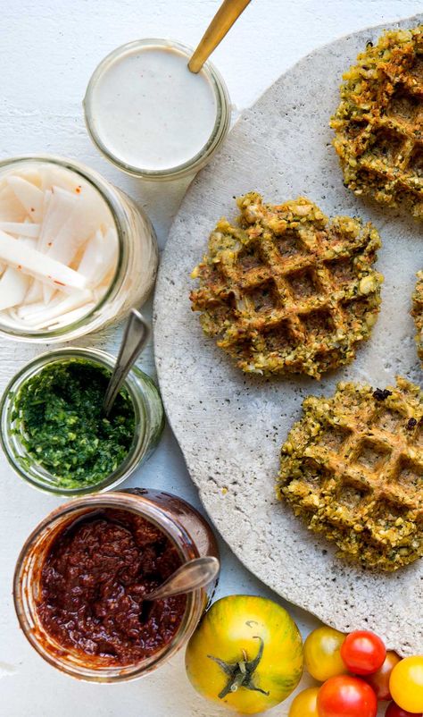 Falafel Waffle - WILD GREENS & SARDINES Falafel Waffle, Savory Waffle Recipe, Waffle Iron Recipes, Waffle Maker Recipes, Veg Snacks, Savory Waffles, Falafel Recipe, Dry Chickpeas, Falafels