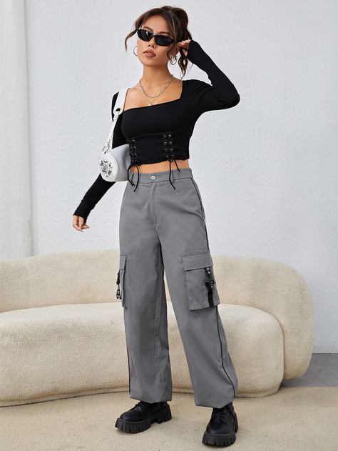 Grey Casual Collar  Polyester Plain Cargo Pants Embellished Non-Stretch  Women Bottoms Cargo Jeans Outfit Women, Ootd Cargo, Cargo Jeans Outfit, Pants Embellished, Grey Cargo Pants, Jeans Outfit Women, Women Bottoms, Western Dress, Women Pants