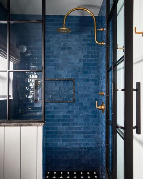 Coastal New England Home, Dark Blue Tile, Blue Shower Tile, Blue Bathroom Tile, New England Homes, Inspire Me Home Decor, Bathroom Inspiration Decor, Upstairs Bathrooms, Blue Bathroom