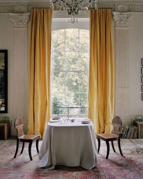 See Photos of Rose Uniacke’s Historic London Home | Architectural Digest British Interior Design, Faux Silk Curtains, Rose Uniacke, Mad About The House, Partners Desk, Kaare Klint, British Interior, George Nakashima, Yellow Curtains