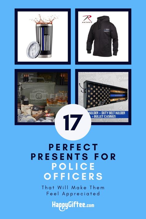 List of hand-picked gift ideas for the police 🎁 See full article at: https://www.happygiftee.com/gifts-for-police-officers/ Retirement Gift For Police Officer, Female Police Officer Gifts, Police Officer Appreciation Gifts, Police Officer Boyfriend, Gifts For Police Officers, Police Academy Graduation Gift, Police Officer Appreciation, Police Retirement Gifts, Work Anniversary Gifts