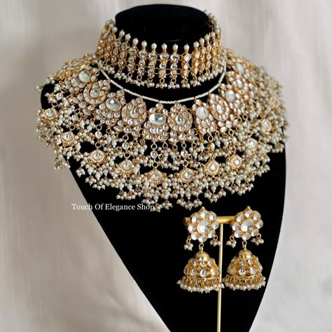 A beautiful bridal set named after our bride Kamal. This gorgeous 4-piece set comes with a choker, necklace, jhumki earrings, and a tikka. We have been loving the stacked necklace look this wedding season ⚜️ Message Touch Of Elegance to bring your vision to life ⚜️ #bridaljewellery #torontobrides #indianbridaljewellery #punjabiwedding #pakistanijewellery #pachikundan Wedding Jewelry Sets Bridal Jewellery Brides, Indian Bridal Jewelry Sets Brides, Wedding Jewellery Collection For Bride, Desi Necklace, Jewelry Room, Unique Wedding Jewelry, Bridal Jewelry Sets Brides, Wedding Jewelry Sets Bridal Jewellery, Indian Wedding Jewelry Sets