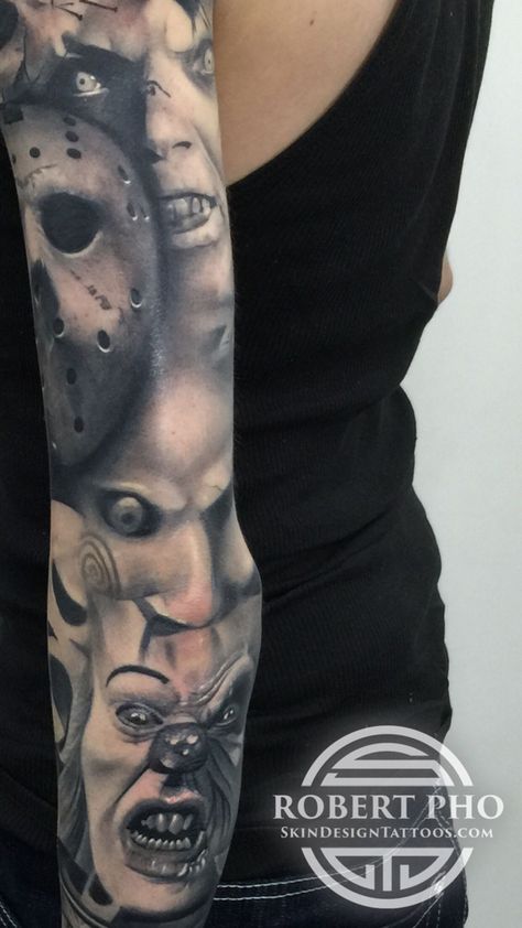 Jason Sleeve Tattoo, Killer Tattoos Serial, Horror Arm Sleeve Tattoo, Saw Horror Tattoo, Saw Tattoo Horror, Horror Tatoos, Saw Movie Tattoo, Horror Movie Sleeve, Horror Movie Tattoos Sleeve