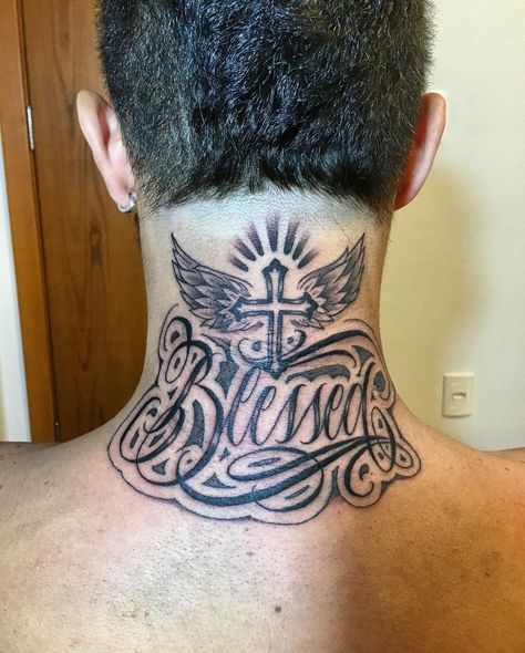 Buddah Neck Tattoo Men, Thug Tattoos For Women Neck, Blessed Neck Tattoo, Crown Neck Tattoo, Mens Stomach Tattoo, Back Of Neck Tattoo Men, Hood Neck Tattoo For Guys, Cross Tattoo Neck, Front Neck Tattoo