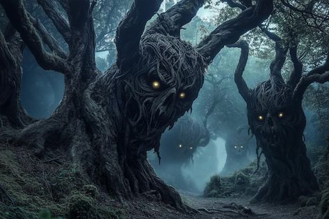 Haunted Forest Teeming with Twisted Tree Monsters Gothic Setting, Tree Monster, Haunted Tree, Spooky October, Twisted Tree, Haunted Forest, Our World, Cool Artwork, Dark Fantasy