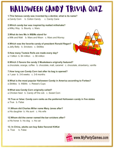 Free Printable Halloween Candy Trivia Quiz with Answer Key Easy Halloween Candy Crafts, Halloween Trivia Free Printable, Halloween Quiz For Adults, Halloween Jeopardy Game For Kids, Halloween Ice Breakers For Adults, Virtual Halloween Games For Work, Halloween Group Therapy Ideas, Halloween Free Printables Kids, Halloween Brain Teasers