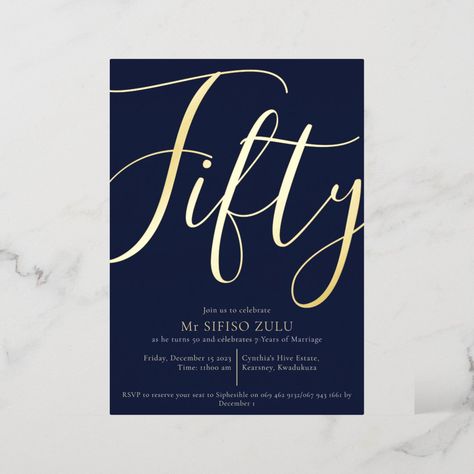 Create your own Foil Invitation | Zazzle Birthday Invitations 50th Men, 50th Party Invitation For Men, 50th Invitation For Men, Blue 50th Birthday Decorations, 50th Bday Invites For Men, 50th Birthday Party Ideas For Men Blue, 50th Birthday Party Invitations For Men, 50 Birthday Invitations For Men, 50th Birthday Party Ideas For Men Decor