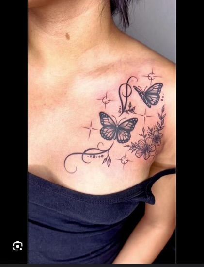 Chest Floral Tattoo Female, Butterfly Tattoo On Chest For Women, Collarbone Tattoo Female, Name Tattoos For Women Chest, Collar Bone Tattoo Women, Chest Tattoo Female Upper Cover Up, Chest Flower Tattoo Female, Female Collar Bone Tattoos, Tattoo Ideas On Chest