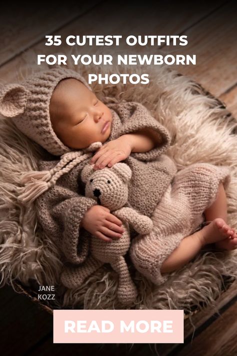 Newborn baby sleeping peacefully in a knitted bear outfit with matching teddy bear. Newborn Photo Outfit Ideas, Newborn Photo Outfits For Baby, Infant Photo Shoot Ideas, Infant Picture Ideas, Newborn Photography Girly, Newborn Picture Ideas, Newborn Picture Outfits, Newborn Photography Outfit, Cutest Outfits