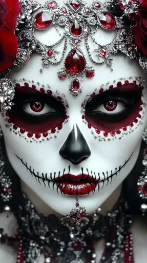 ↑↑↑ Larger size on website 🔸 The image shows a woman with a striking, intricate Day of the Dead makeup. She has a white base with Red Day Of The Dead Makeup, Catrinas Costume, Day Of The Dead Makeup Ideas, Red Sugar Skull Makeup, Day Of The Dead Make Up, Red And Black Eyeshadow, Popstar Aesthetic, Black And Red Makeup, Day Of The Dead Woman