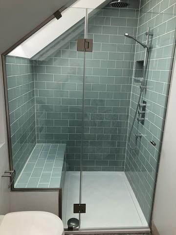 Shower Low Ceiling, Small Shower Room Sloped Ceiling, Shower Attic Bathroom, Glass Shower Door Attic, Attic Shower Ideas, En Suite Attic Bathroom, Small Loft Ensuite Ideas, Shower In Attic Space, Loft Conversion Shower Room Ideas