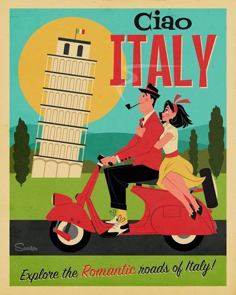 Art of Scooter on Instagram: "This piece is about a place I haven’t made it to but will one day soon!  One of my biggest dreams is to eat and drink my way through Italy with my amazing wife Chrysti.  We both LOVE Italian food, wine and going on adventures.  I hope when you look at this piece it plants a seed in your heart to either return to this amazing country or book your very first trip there.   If you have any suggestions on “must see” places I’d love to hear from you- Ciao! 🎅🏼🎁 20% OFF Pisa Tower Illustration, Modern Travel Poster, Italy Pisa, The Leaning Tower Of Pisa, Johnny And June, Classic Italian Style, Italy Art Print, Romantic Road, Tower Of Pisa