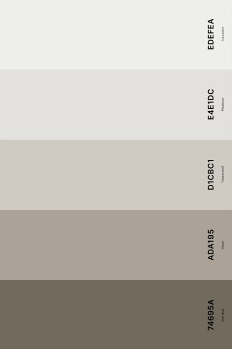 2. Agreeable Gray Color Palette Color Palette with Dim Gray (Hex #74695A) + Khaki (Hex #ADA195) + Timberwolf (Agreeable Gray) (Hex #D1CBC1) + Platinum (Hex #E4E1DC) + Alabaster (Hex #EDEFEA) Color Palette with Hex Codes Agreeable Gray Color Palette, Color Code Palette, Color Palettes With Names, Color Palette With Hex Codes, Paint Color Pallets, Gray Hex, Coworking Space Design, Graphic Design Color, Gray Color Palette