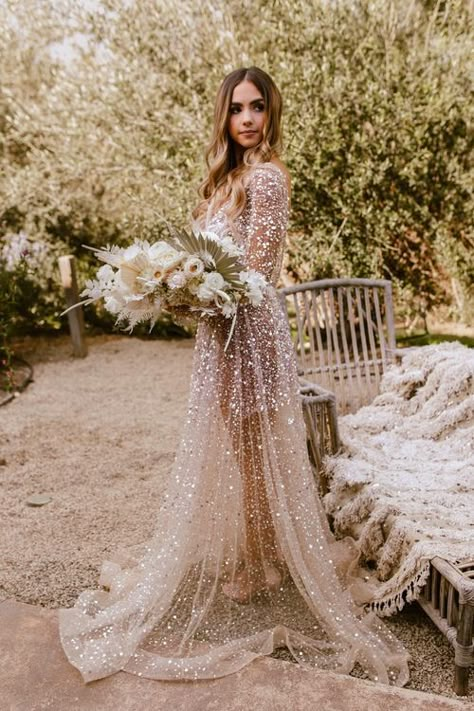 Long Sleeve Glitter Wedding Dress, Glitter Long Sleeve Wedding Dress, New Years Eve Wedding Dress, Farm Wedding Dress, Glitter Bouquet, Wedding Dress Glitter, Backless Bridal Dresses, Sequin Wedding Dress, Honey Farm