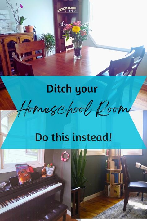 4 Surprising and solid reasons to dith the homeschool room. Plus how to organize your homeschool spaces without losing your head! No homeschool room? Here's how to organize your curriculum and books without a dedicated room! Family Room Homeschool Room, School Area At Home, Homeschool Room Dining Room, Small School Room Homeschool, Simple Homeschool Space, Homeschool Area In Living Room, Living Room Homeschool Space, Living Room Homeschool, Homeschool Shelves