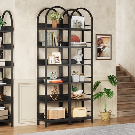 6-Tier Open Bookshelf, 78.7" Tall Arched Display Shelf Rack, Brown - On Sale - Bed Bath & Beyond - 38283645 Arched Bookcase, Tall Narrow Bookcase, Narrow Bookshelf, Corner Storage Shelves, Open Bookshelf, Corner Bookshelf, Gold Shelves, Room Bookshelf, Tall Bookshelves