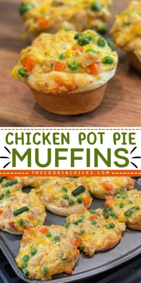 This Chicken Pot Pie Muffin is packed with flavor and easy to prepare. With just few ingredients from the kitchen, you can have this chicken dish in no time. This is perfects for busy weeknight dinners. Enjoy this simple dinner idea together with your family and frients. It's a sure hit! Muffin Chicken Pot Pie, Chicken Pot Pie Muffins, Pot Pie Muffins, Delicious Chicken Pot Pie, Chicken Muffins, Pie Cups, Mini Pot Pies, The Cookin Chicks, Pie Muffins