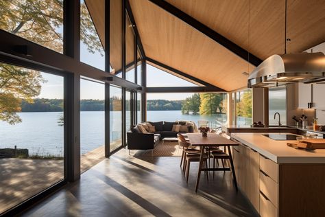 Scandinavian Lake House, Modern Lake House Interior, Small Lake House, Lake House Design, Modern Lakehouse, Scandinavian Modern House, Contemporary Lake House, Modern Log Home, Lake Front House Plans