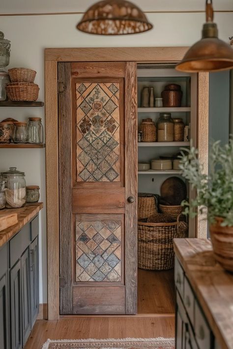 Boho Pantry Door, Earthy Cottage Kitchen, Maximalist Pantry, Cottagecore Pantry, Wooden Pantry Door, Natural Earthy Kitchen, Earthy Home Decor Boho Style, Hobbit Pantry, Boho Rustic Kitchen