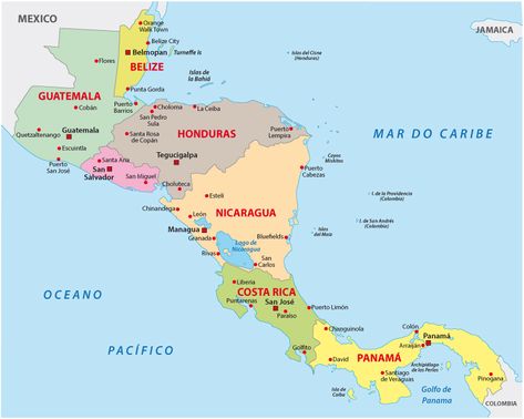 There are seven countries in Central America: Guatemala, Belize, Honduras, El Salvador, Nicaragua, Costa Rica, and Panama. Central America Map, Living In Belize, Nicaragua Managua, Bluefields, Nicaragua Flag, Honduras Flag, Geography Map, Belize City, Puntarenas