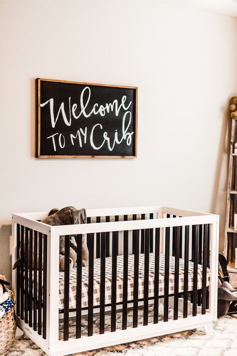 black and white nursery little seeds crib Black And White Nursery Cribs & Toddler Beds, Black White Brown Nursery, Dark Grey Nursery Ideas, Black White Grey Nursery, Black Nursery Chair, Black White And Brown Nursery, Black And White Boho Nursery, Black Neutral Nursery, Tan And Black Nursery