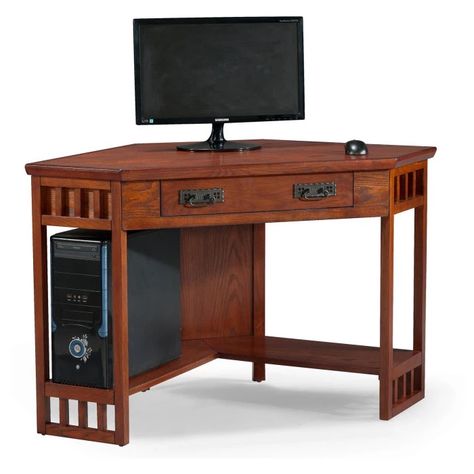 Leick Home 48 in. Corner Computer/Writing Desk - Mission Oak | Hayneedle Corner Desks, Corner Writing Desk, Corner Workstation, Computer Writing, Keyboard Drawer, Diy Computer Desk, Corner Computer Desk, Space Space, Mission Oak