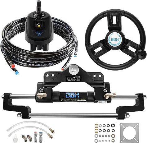 BBH New Marine Boat 200HP Hydraulic Outboard Steering System Kit with Steering Wheel,Hydraulic Cylinder, Helm Pump and Tubing Hydraulic Cylinder, Marine Boat, Steering Wheel, Wheel, Pumps