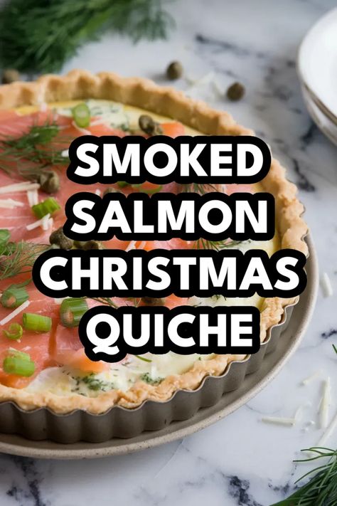 A photo of a  Smoked Salmon Christmas Quiche a Quiche Recipes for Christmas Smoked Salmon Quiche Recipes, Smoked Salmon Christmas, Holiday Quiche, Easy Breakfast Quiche, Salmon Christmas, Christmas Quiche, Smoked Salmon Quiche, Breakfast Feast, Smoked Salmon Breakfast