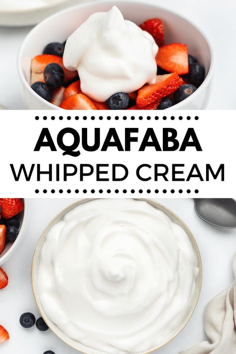 Easily turn the liquid from canned chickpeas into a sweet, fluffy vegan whipped topping with this easy Aquafaba Whipped Cream recipe! Vegan Cool Whip, Aquafaba Whipped Cream, Aquafaba Recipes, Microwave Dessert, Whipped Cream Recipe, Vegan Hot Chocolate, Vegan Whipped Cream, Vegan Egg, Recipes With Whipping Cream