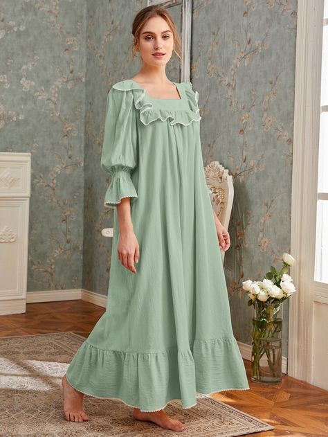 Korean Pajamas, Women Nightwear Dresses, Girls Night Dress, Cotton Night Dress, Home Dress Women, Stile Hijab, Oversize Style, Grass Flower, Sleepwear Fashion