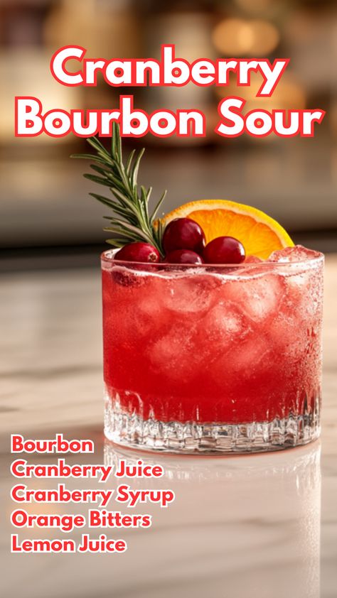 Cranberry Bourbon Sour Ny Sour Cocktail, Bourbon Drinks Easy, Bourbon Sour Cocktail Recipes, Drinks With Orange Bitters, Thanksgiving Cranberry Cocktail Recipes, Cranberry Bourbon Sour, Thanksgiving Batch Cocktail Recipes, Bourbon Cranberry Cocktail, Fresh Cranberry Drink Recipes